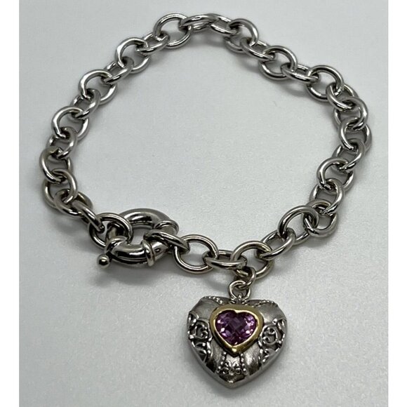 925 STERLING SILVER  PINK TOPAZ HEART BRACELET - Picture 2 of 7
